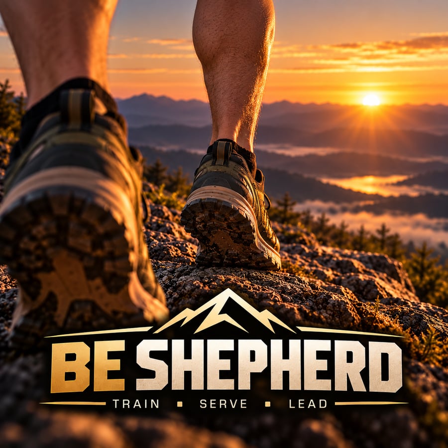 Be Shepherd logo: boots climbing a rocky summit at sunrise, with the words Train, Serve, Lead